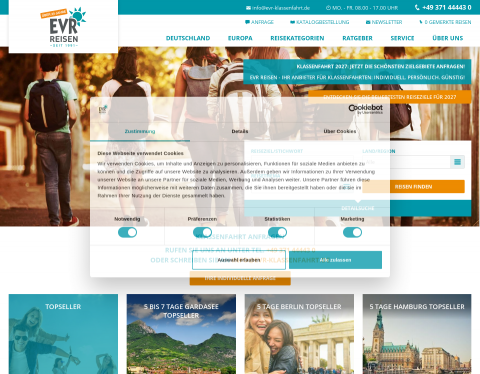 Website-Vorschau von EVR Reisen - Klassenreisen zu klasse Preisen
