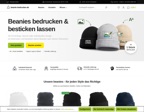 Website-Vorschau von Beanies mit Logo bedrucken & besticken lassen