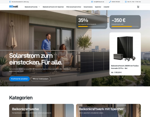 Website-Vorschau von 800watt.de | Onlineshop für Balkonkraftwerke