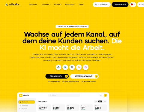 Website-Vorschau von Adbrains – KI-Plattform für Google Ads, Meta Ads, SEO und GEO