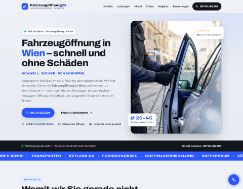 Website-Vorschau von Fahrzeugöffnung24 – Autoöffnung & Notdienst Wien