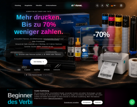 Website-Vorschau von Startoner: kompatible Toner und Tintenpatronen