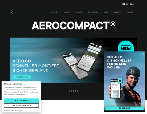 Website-Vorschau von AEROCOMPACT: PV-Montagesysteme für Flachdach, Schrägdach, Freifläche und Fassade