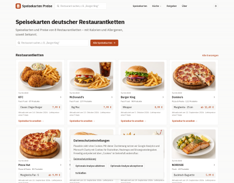 Website-Vorschau von Speisekartenpreise – Speisekarten & Preise 2026