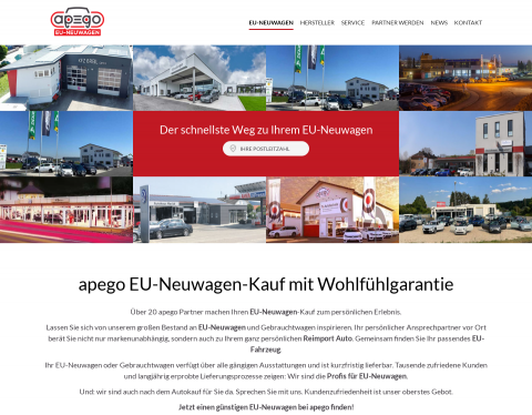Website-Vorschau von apego EU-Neuwagen - Autokauf mit Wohlfühlgarantie