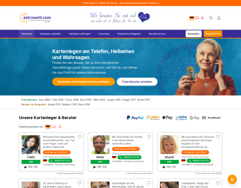 Website-Vorschau von Astrowelt.com Kartenlegen Astrologie