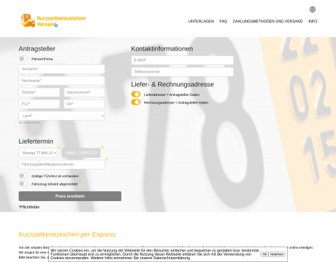 Website-Vorschau von Kurzzeitkennzeichen