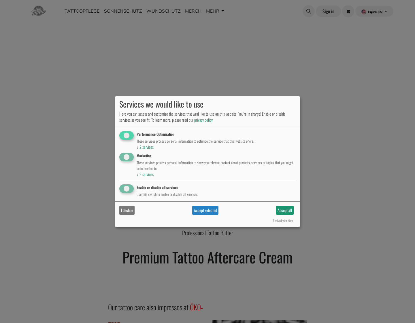 Aktuelle Website-Vorschau von Online Shop für Tattoo Pflege Produkte