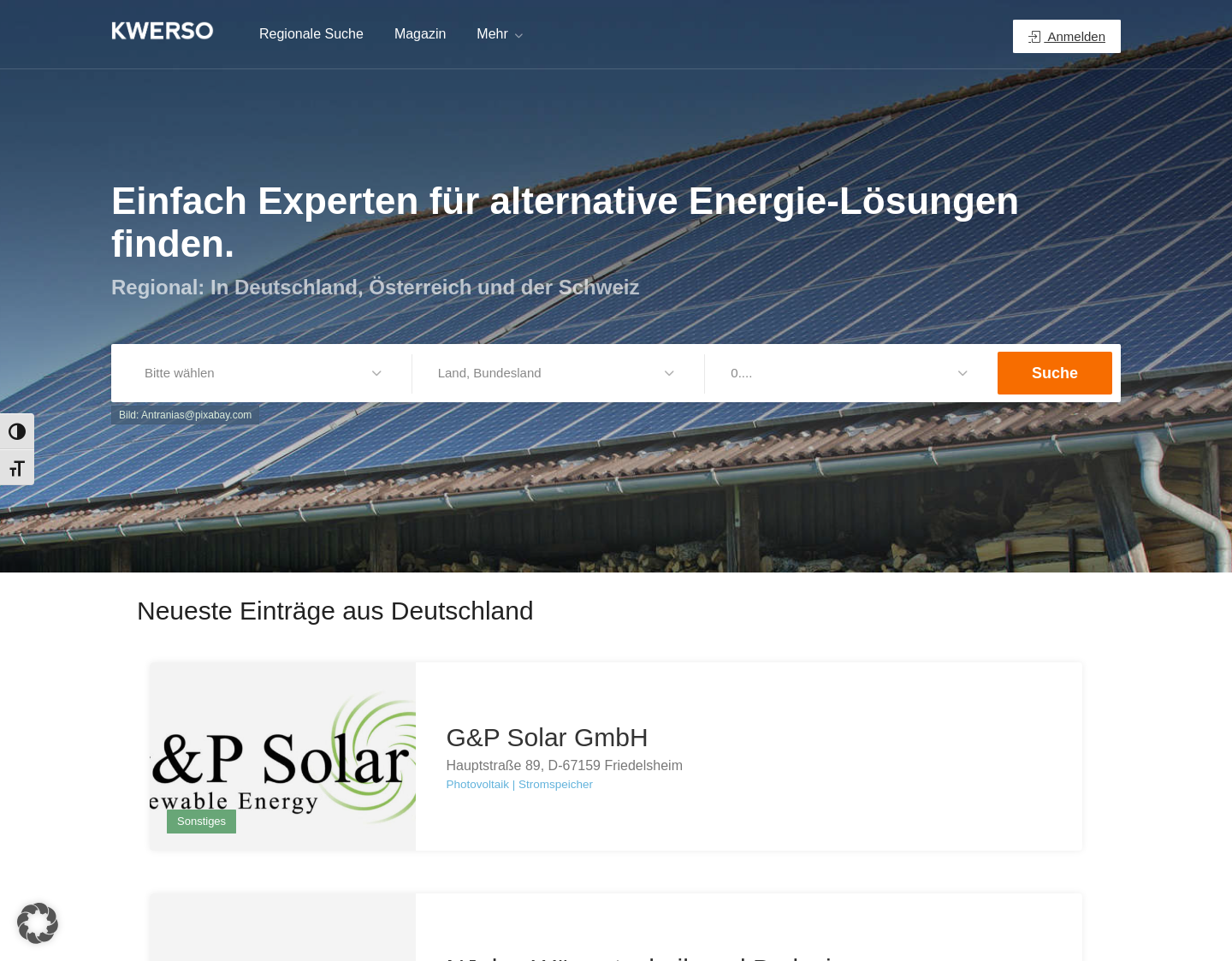 Aktuelle Website-Vorschau von Firmenverzeichnis für regionale Solateure & mehr