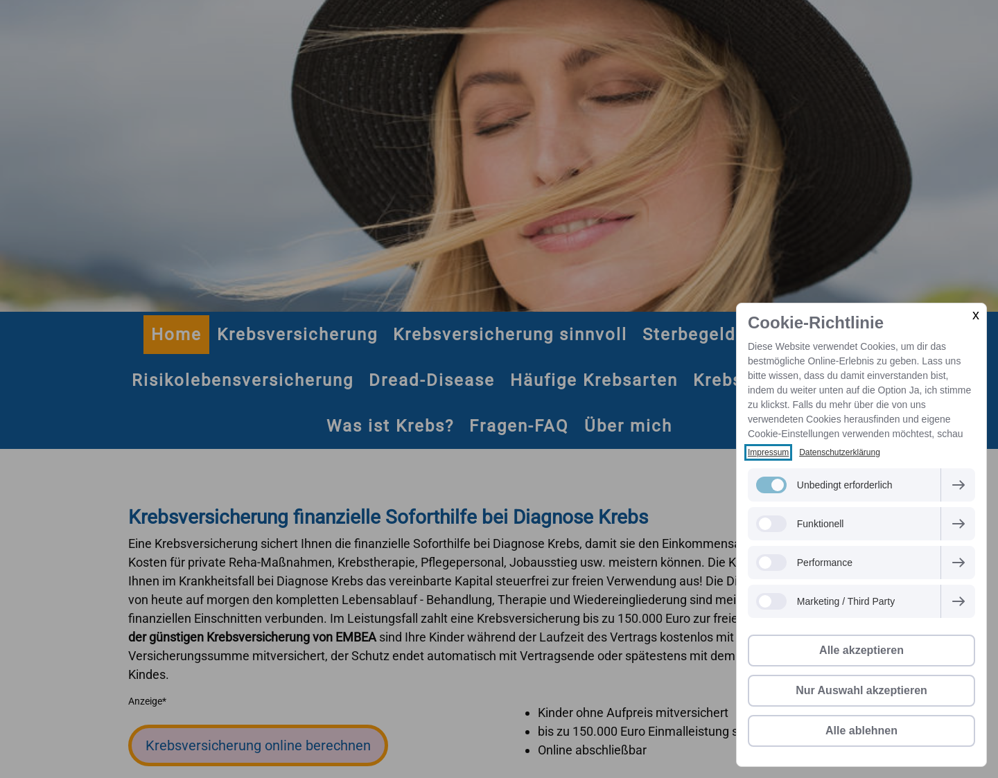 Aktuelle Website-Vorschau von Informations-Portal zur Krebsversicherung