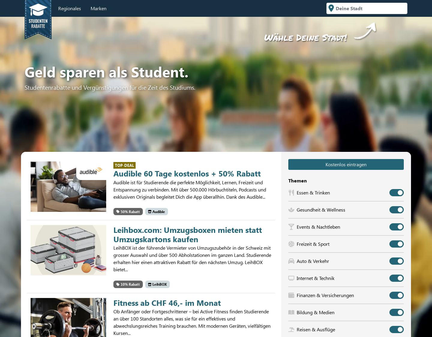 Aktuelle Website-Vorschau von Vergünstigungen für Studierende
