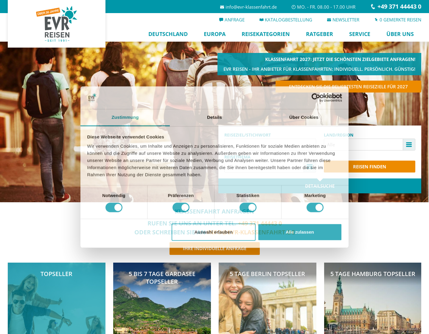 Aktuelle Website-Vorschau von EVR Reisen - Klassenreisen zu klasse Preisen