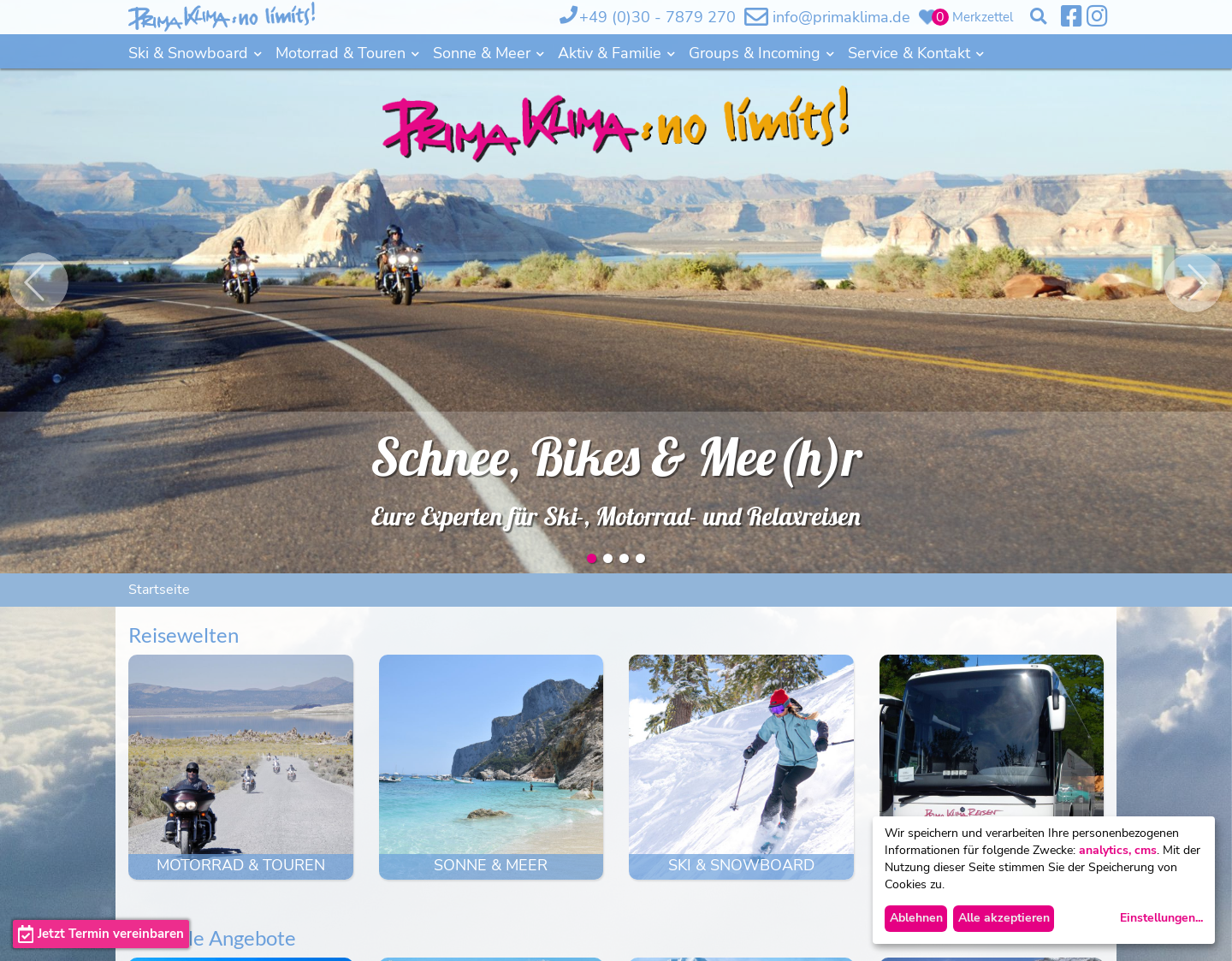 Aktuelle Website-Vorschau von prima klima - no limits! travel & event GmbH