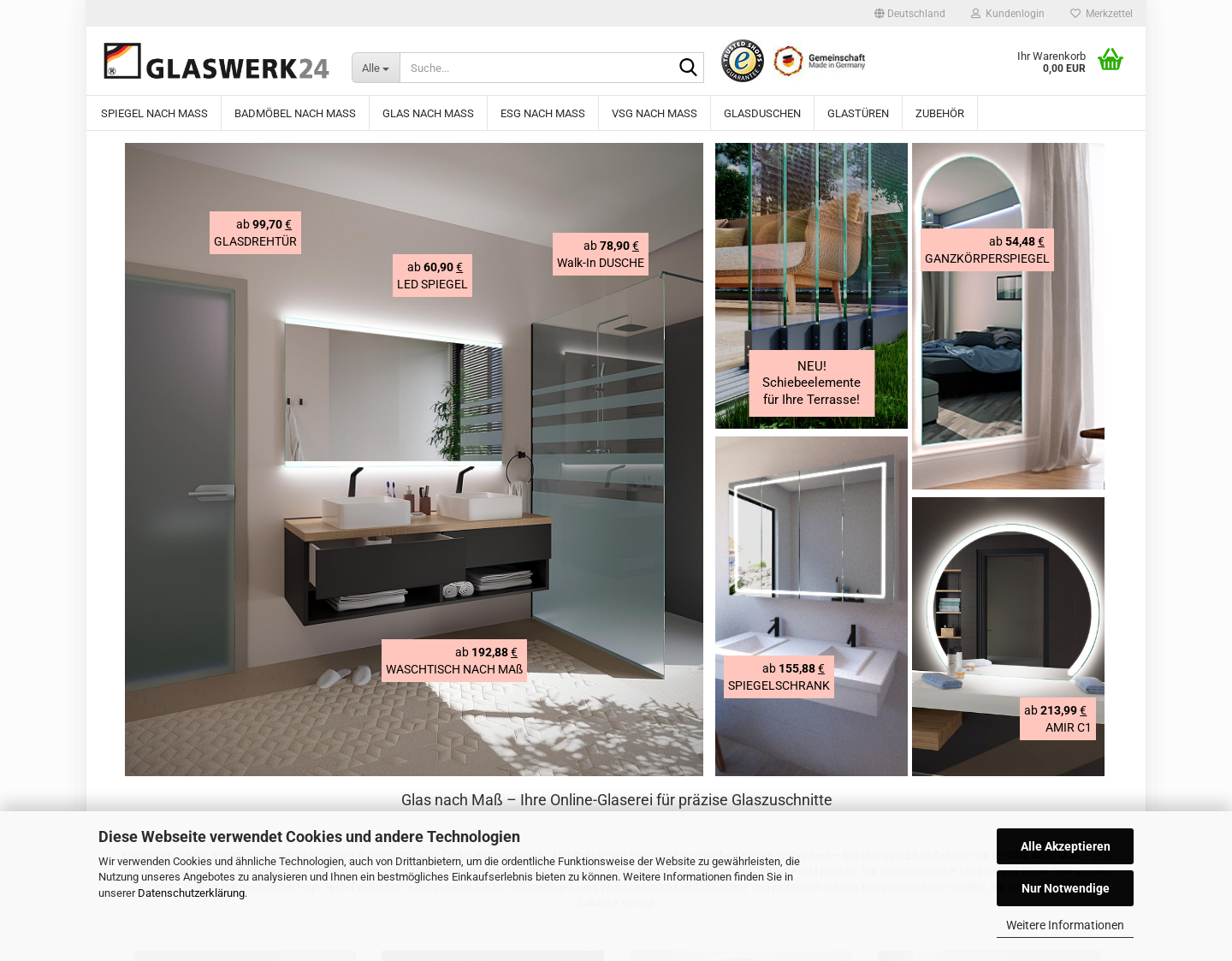 Aktuelle Website-Vorschau von Glaswerk24 - Ihr Experte für Glas und Spiegel