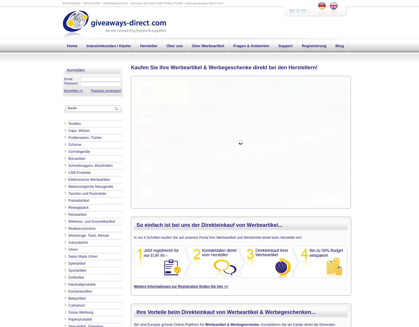Aktuelle Website-Vorschau von giveaways-direct.com - Europas grösstes Portal
