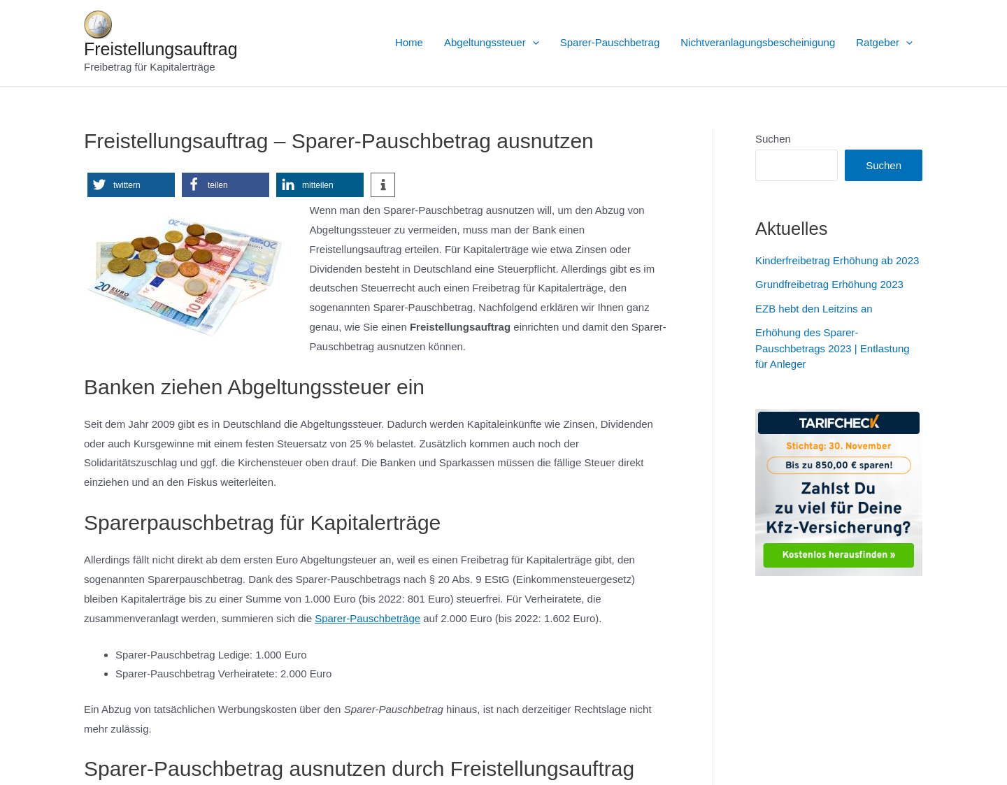Aktuelle Website-Vorschau von Freistellungsauftrag bei Kapitalerträgen