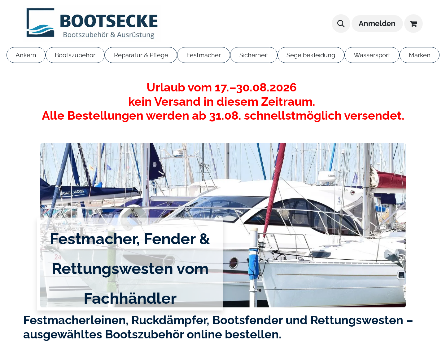 Aktuelle Website-Vorschau von Bootsecke - Onlineshop für Bootszubehör