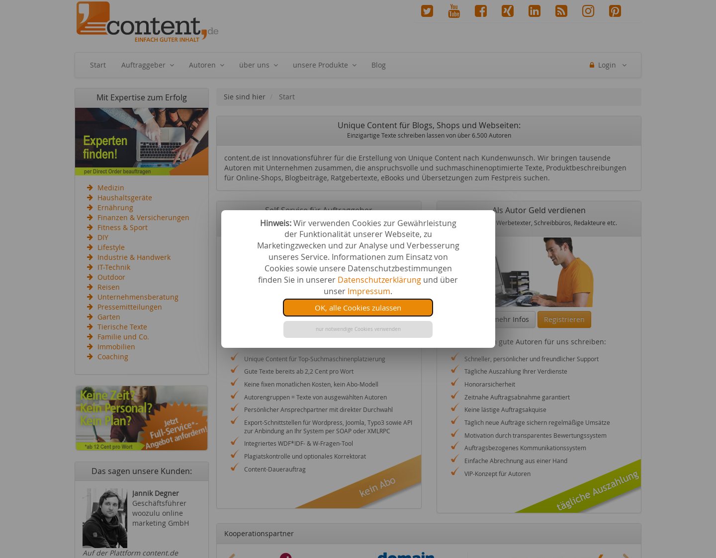 Aktuelle Website-Vorschau von content.de - unique content für Ihre Webseite