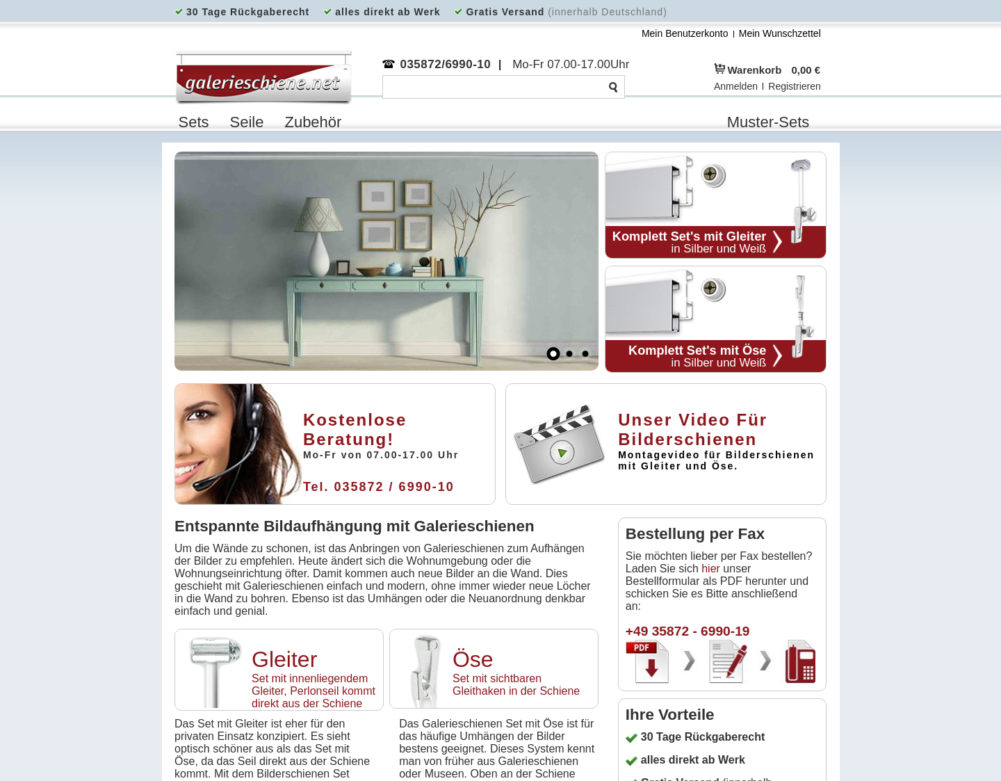 Aktuelle Website-Vorschau von Galerieschiene.net der Bilderschienen Discounter