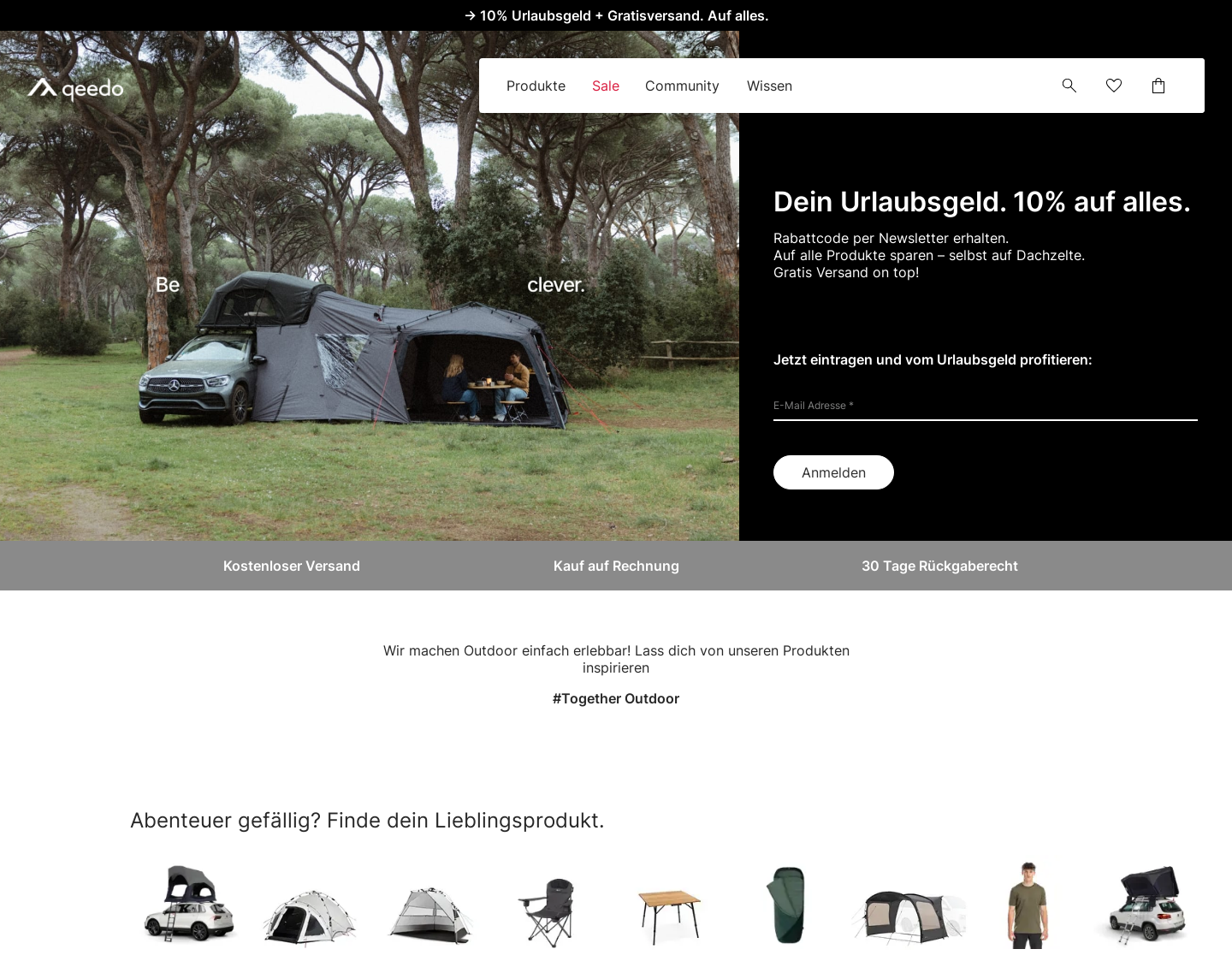 Aktuelle Website-Vorschau von qeedo - Onlineshop für Outdoor Equipment