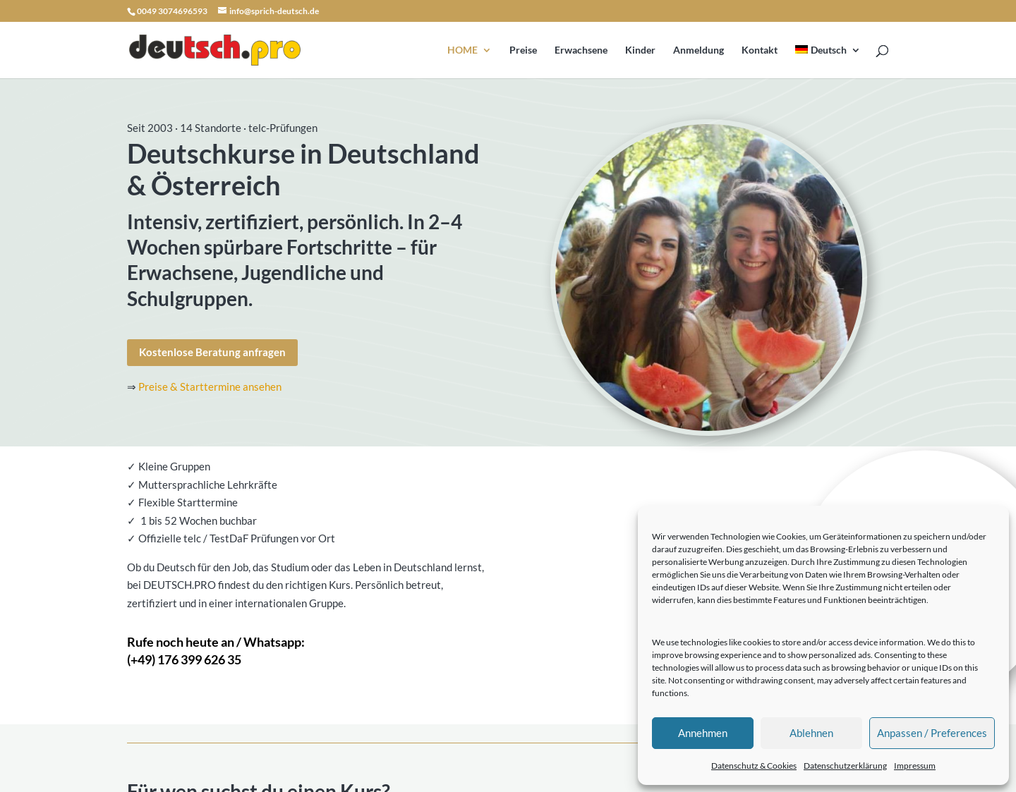 Aktuelle Website-Vorschau von Deutschkurse in Deutschland und Österreich