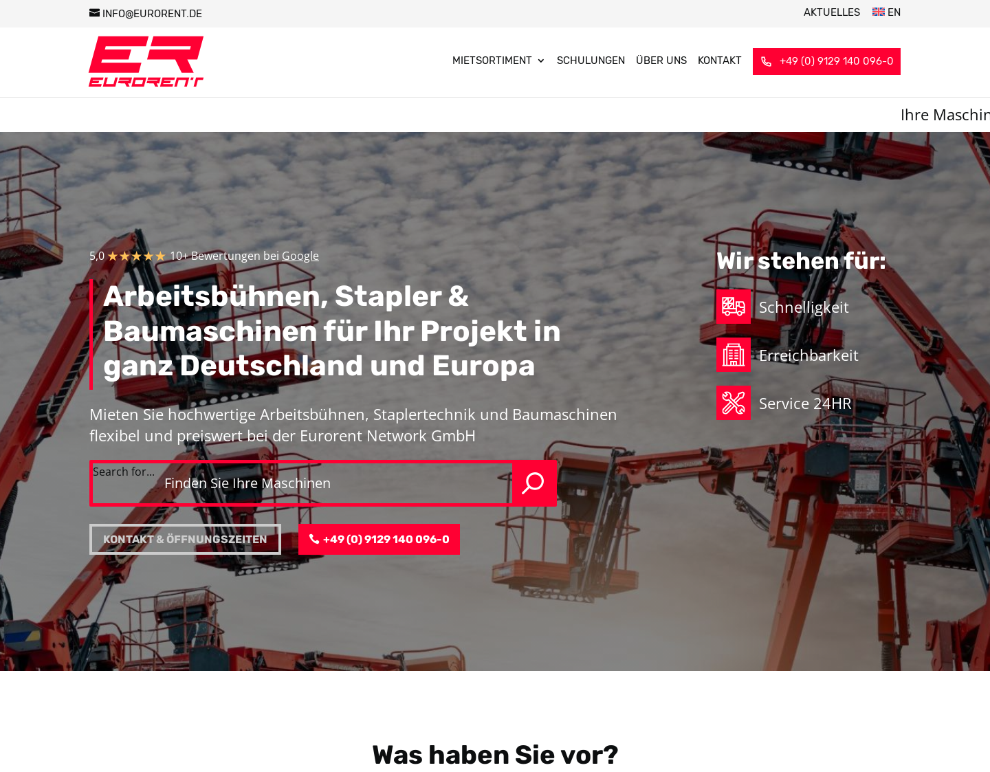 Aktuelle Website-Vorschau von Eurorent Network GmbH - Zuverlässige Baumaschinen