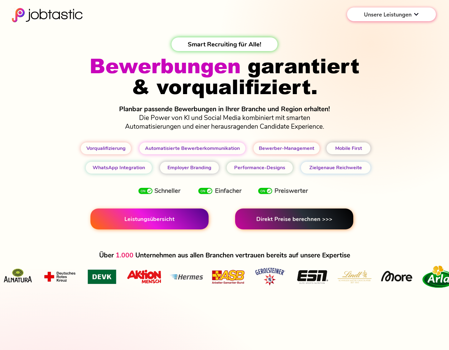 Aktuelle Website-Vorschau von jobtastic - Social Media Recruiting Agentur