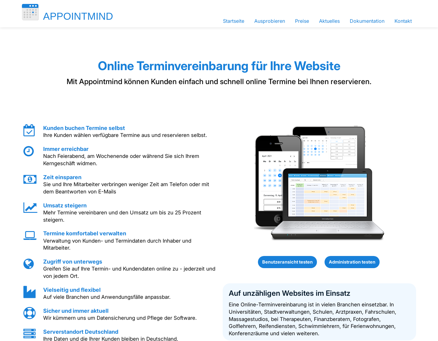 Aktuelle Website-Vorschau von Appointmind Online Terminbuchung
