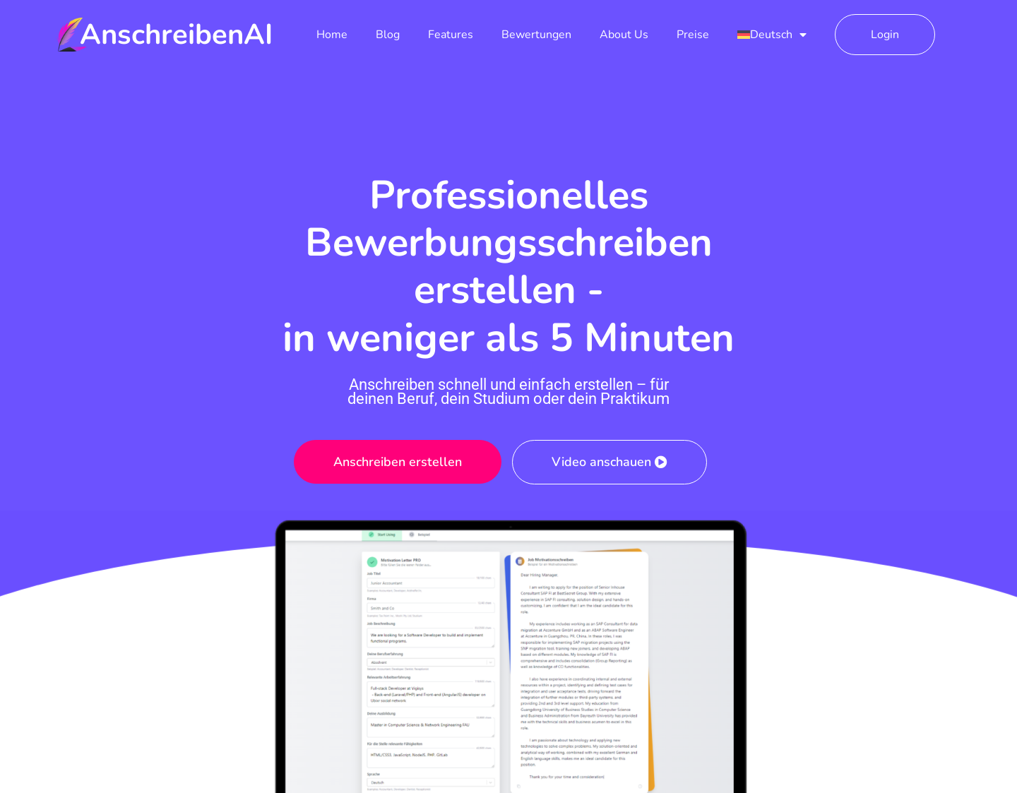 Aktuelle Website-Vorschau von AnschreibenAI