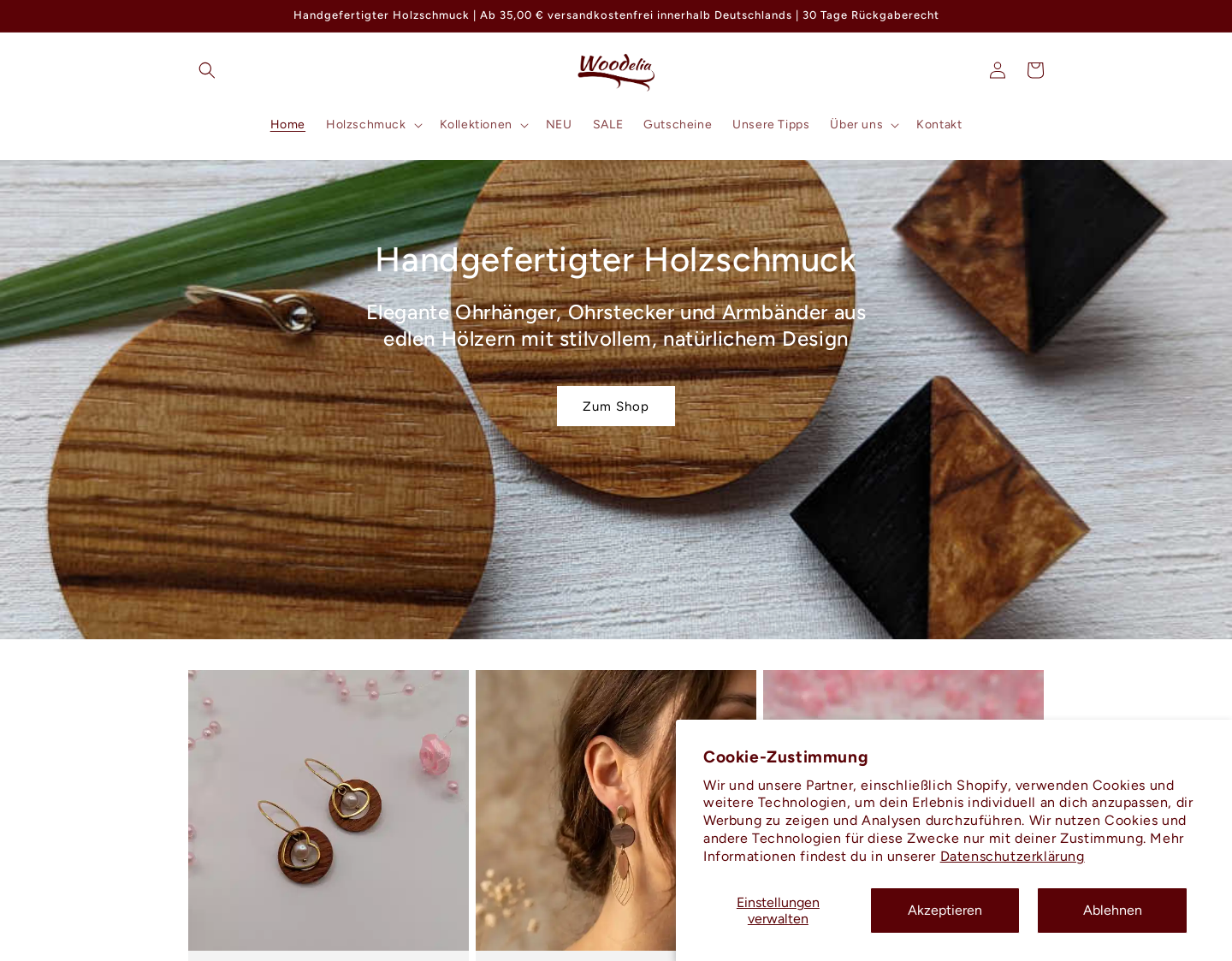 Aktuelle Website-Vorschau von Woodelia Holzschmuck