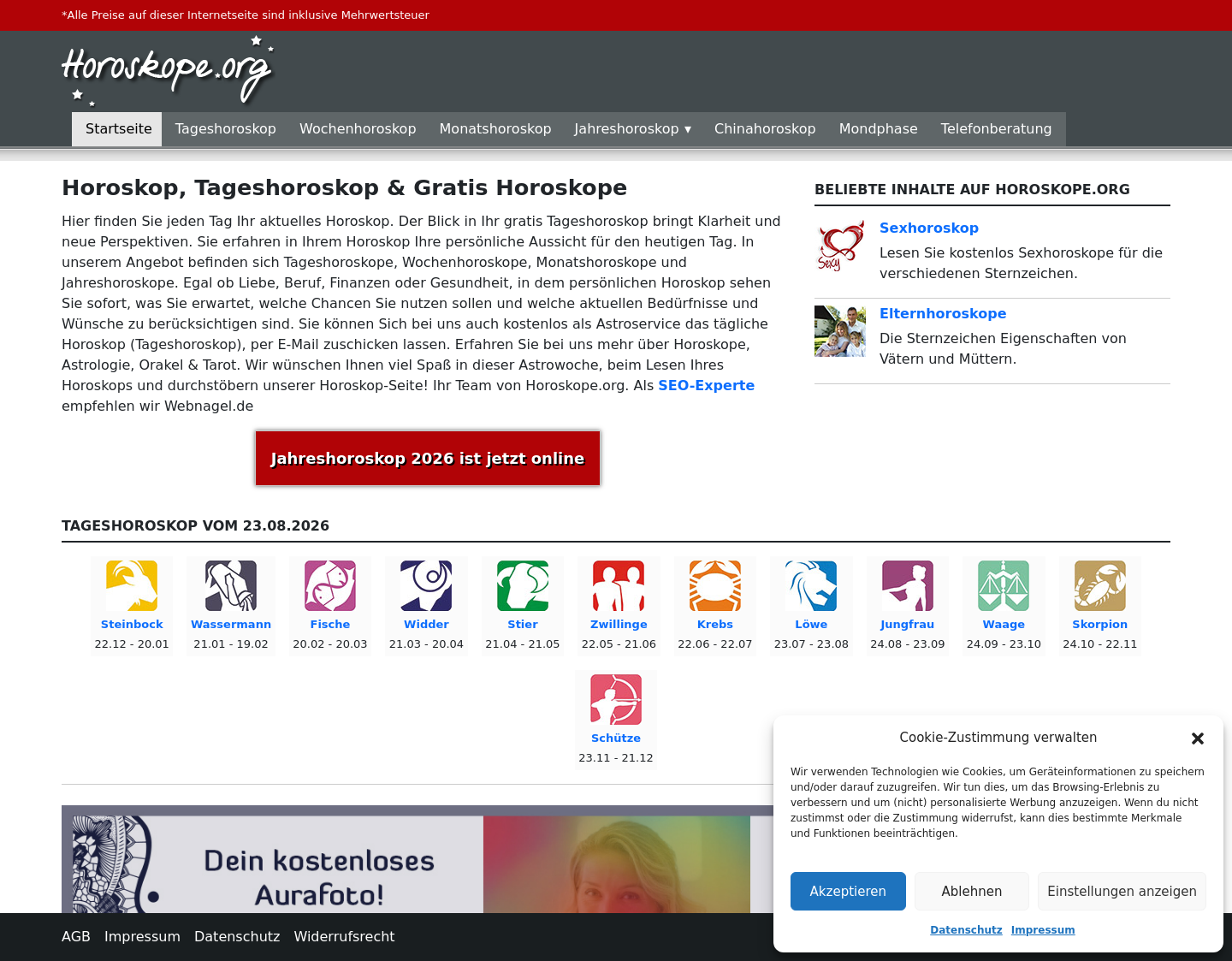 Aktuelle Website-Vorschau von Horoskope