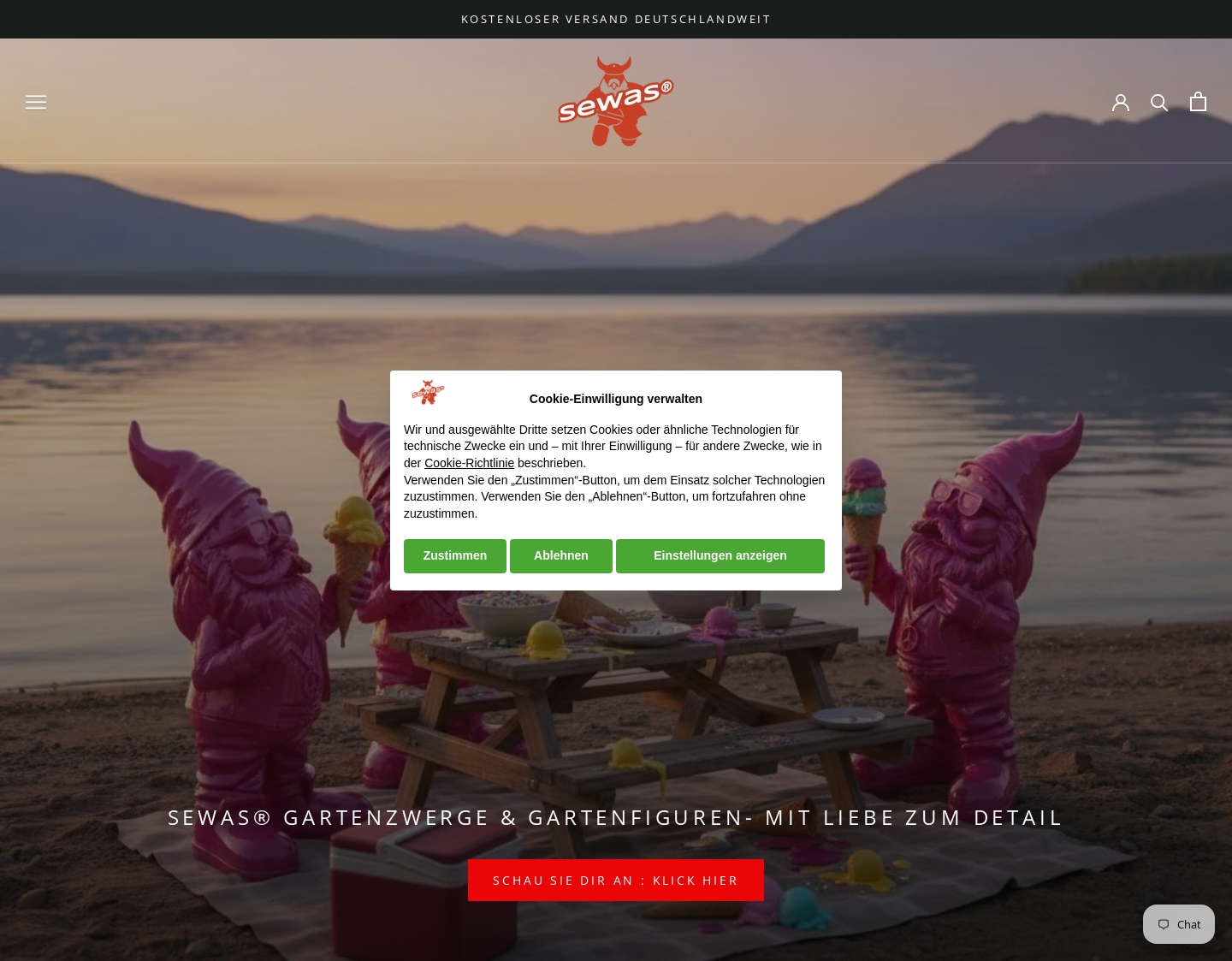 Aktuelle Website-Vorschau von SEWAS Gartenzwerge