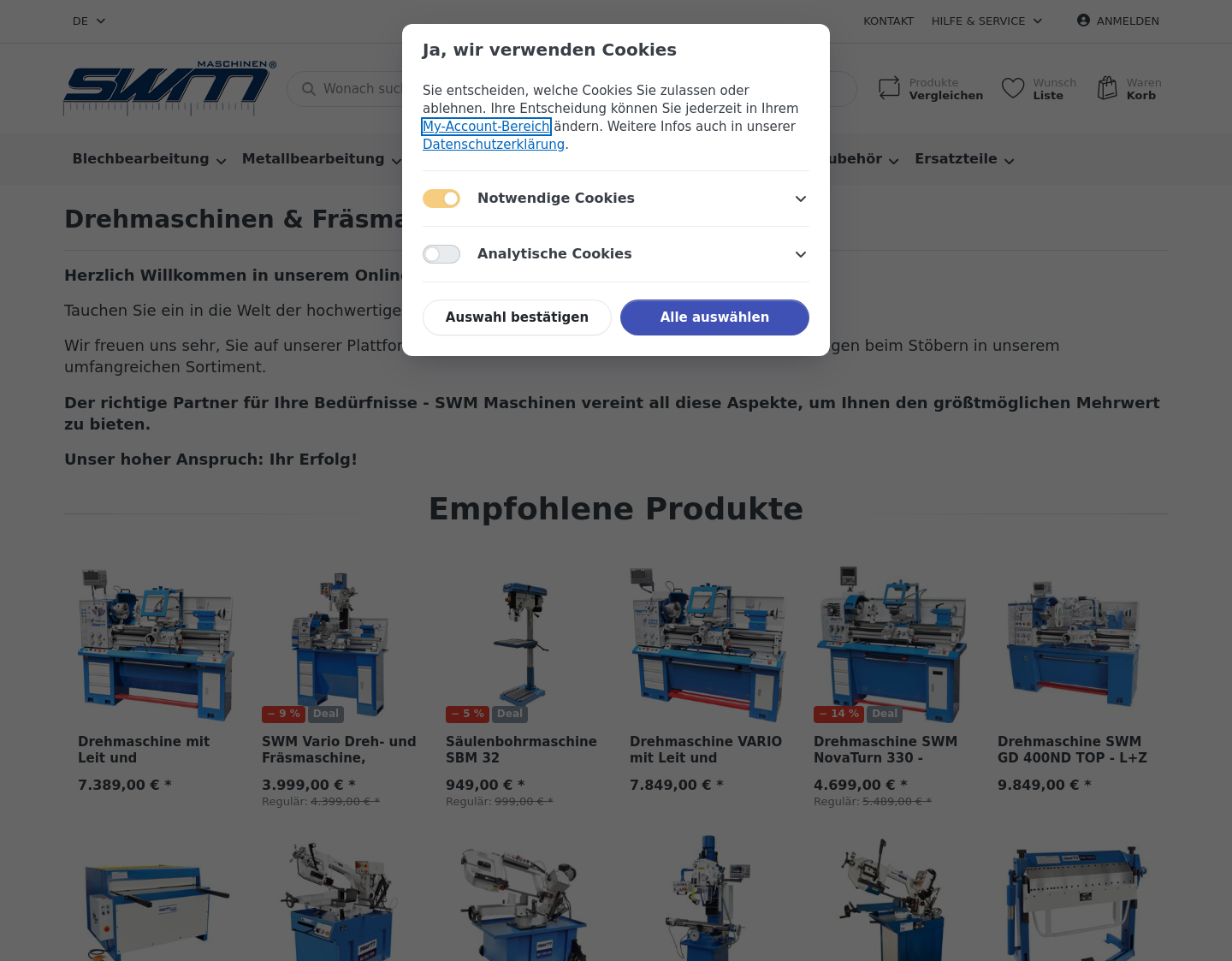 Aktuelle Website-Vorschau von SWM Maschinen Werkzeugmaschinen