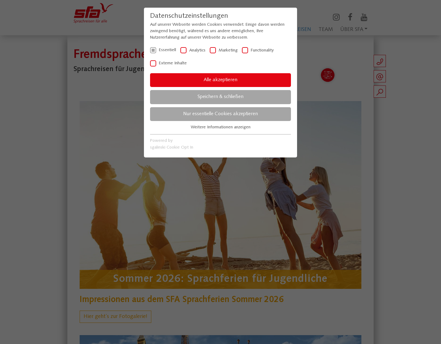 Aktuelle Website-Vorschau von SFA Sprachreisen