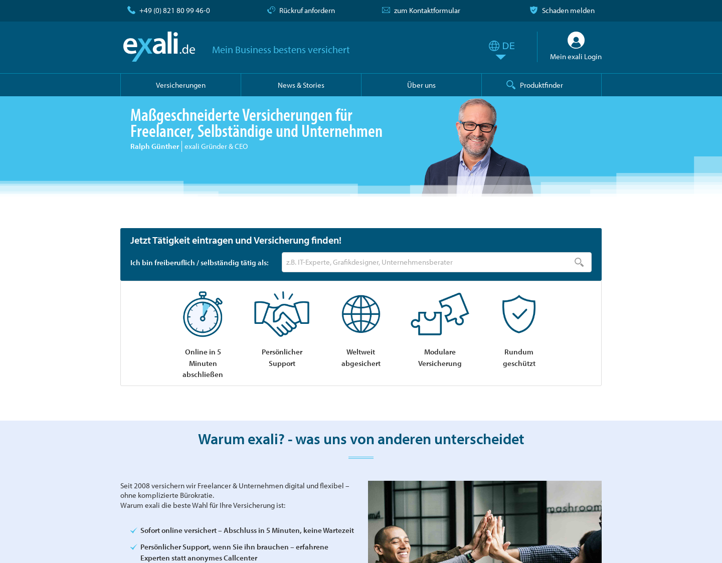 Aktuelle Website-Vorschau von exali - Das Versicherungsportal für Dienstleister