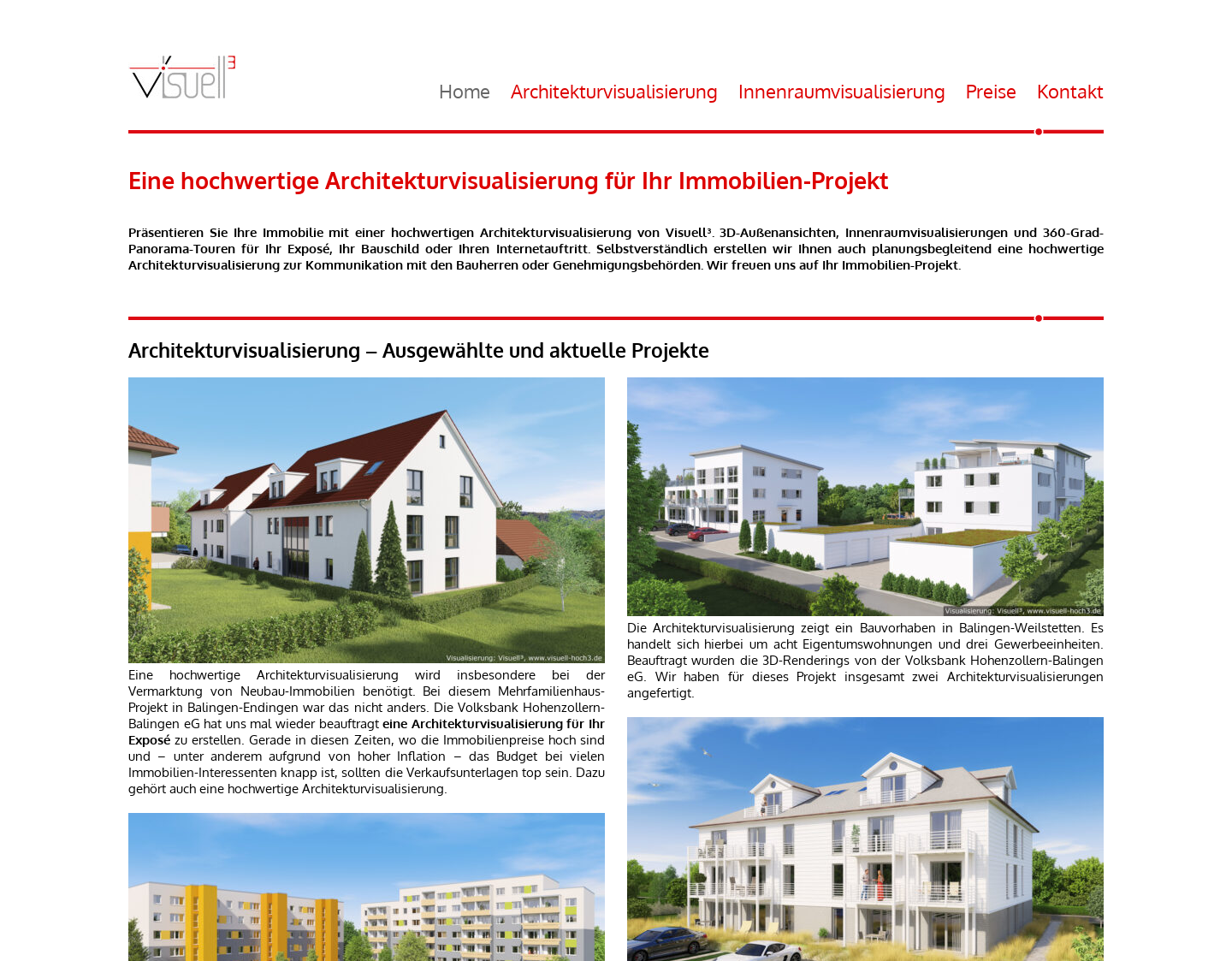 Aktuelle Website-Vorschau von Visuell³ - Architekturvisualisierung