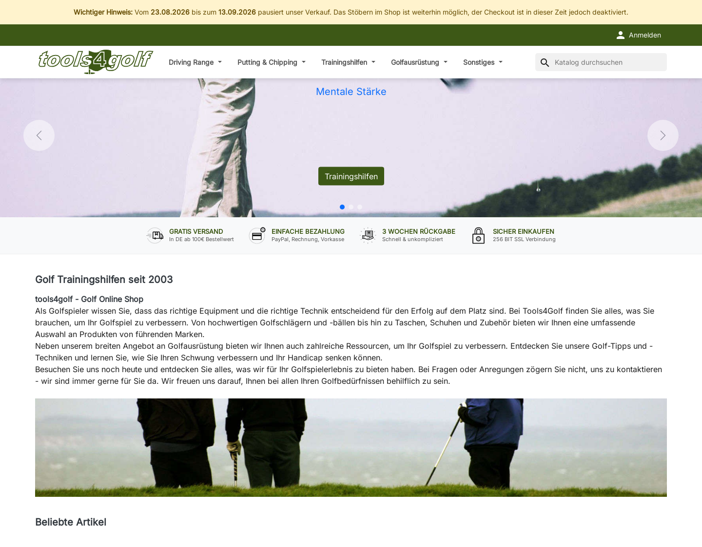 Aktuelle Website-Vorschau von tools4golf - Golf Online Shop