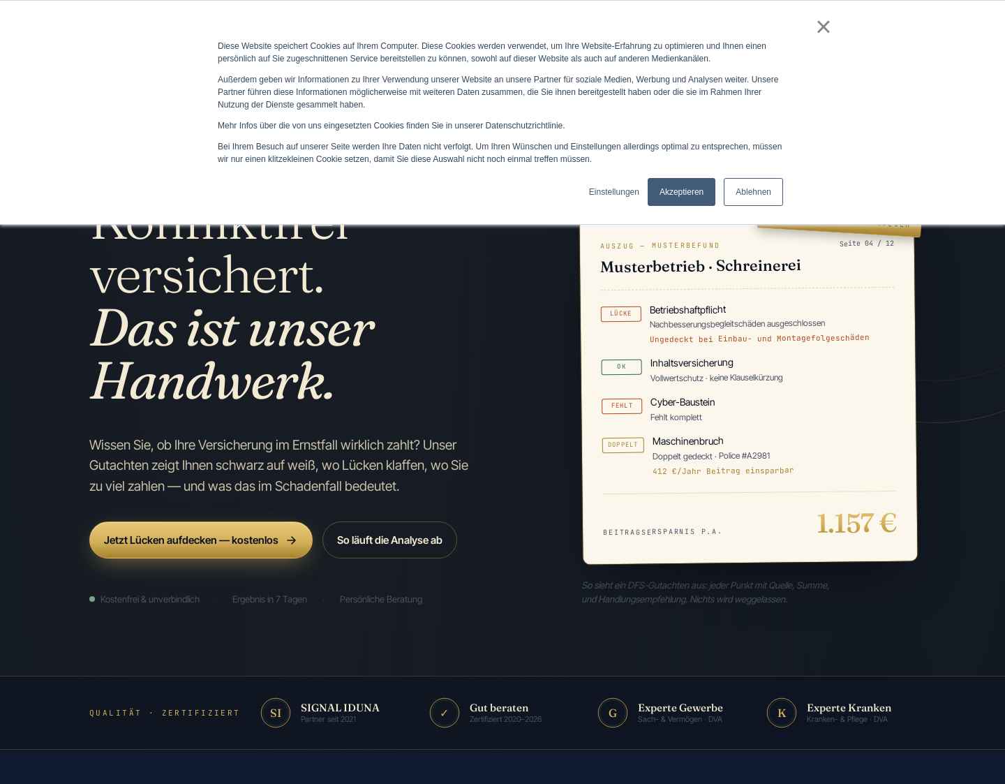 Aktuelle Website-Vorschau von Gewerbe Versicherungen für das Handwerk