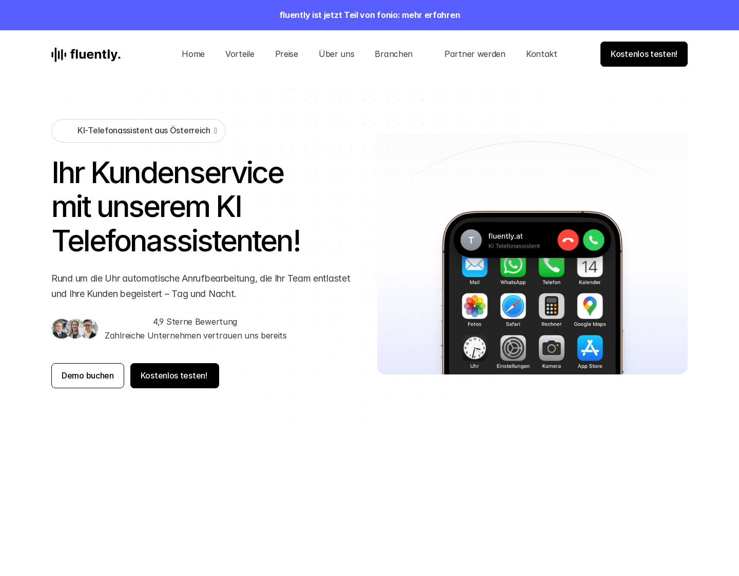 Aktuelle Website-Vorschau von fluently - KI Telefonassistent