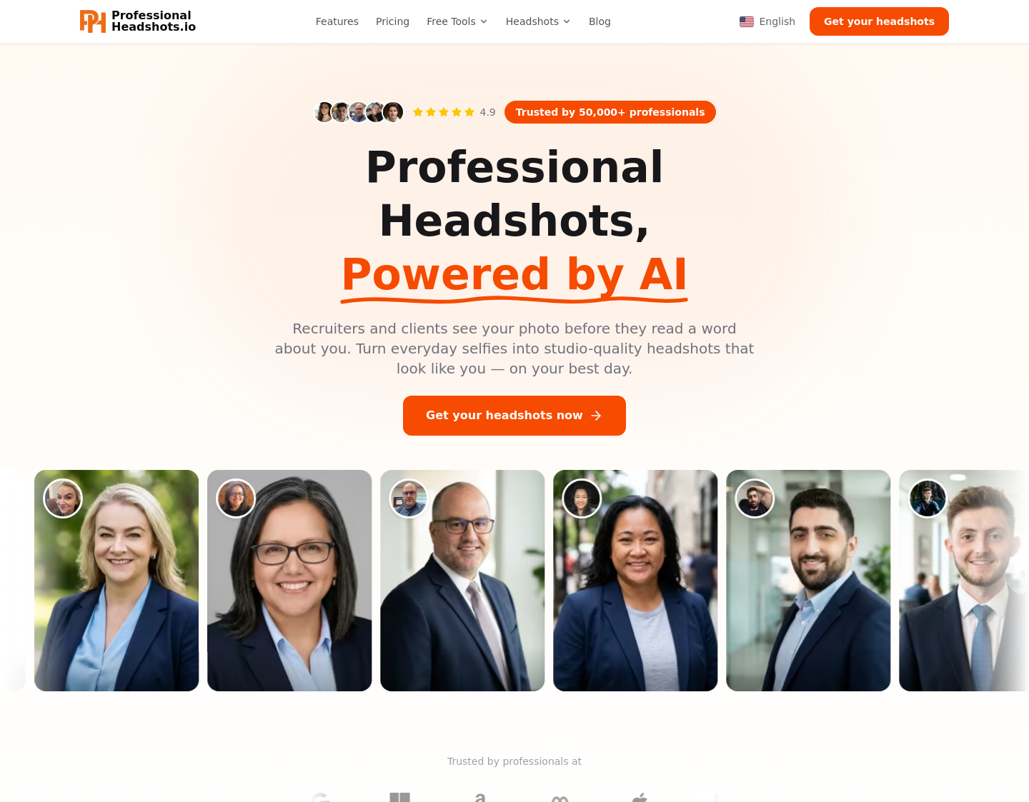 Aktuelle Website-Vorschau von ProfessionalHeadshot.io – KI-Bewerbungsfotos