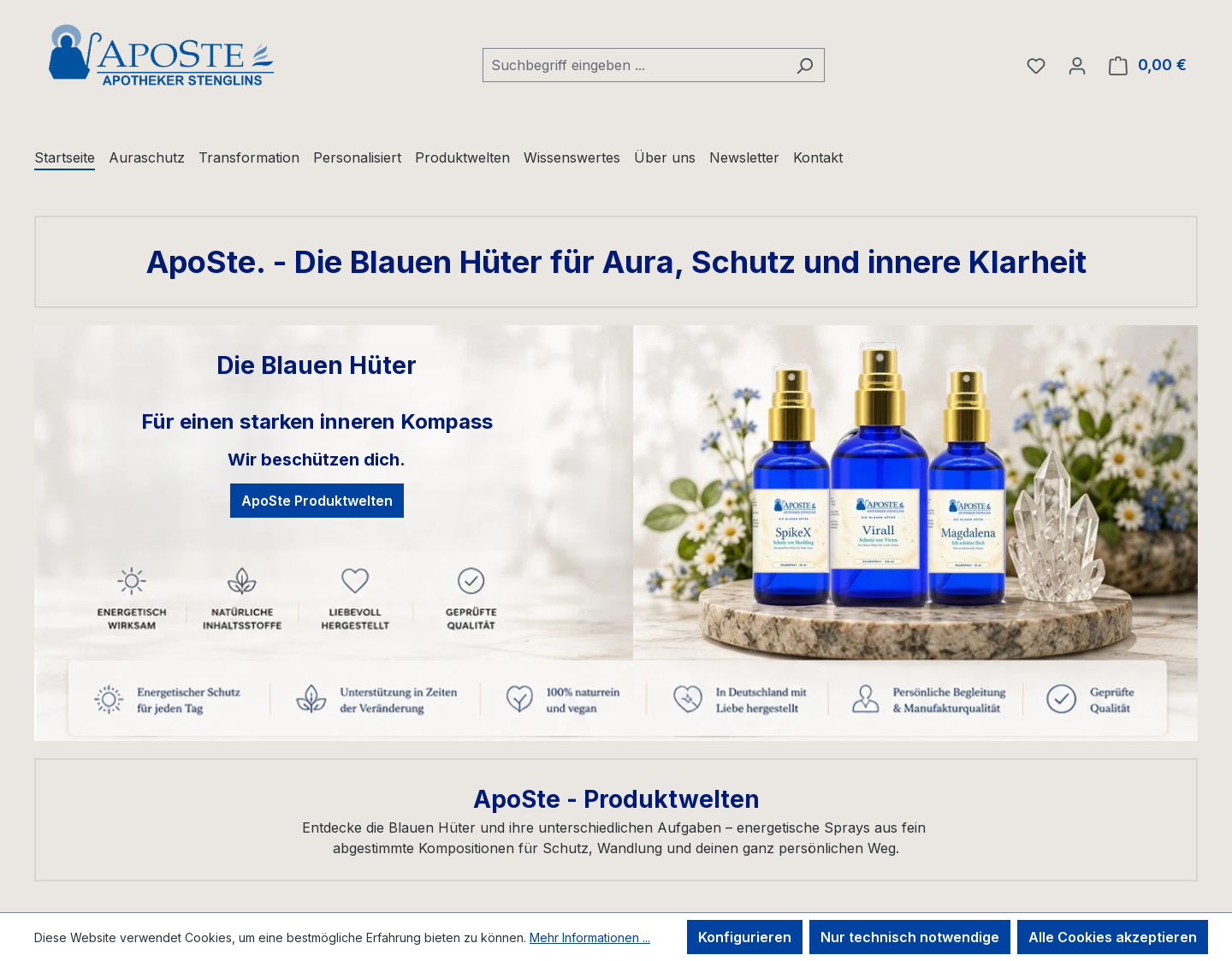 Aktuelle Website-Vorschau von ApoSte - das Online Shop - der blauen Hüter