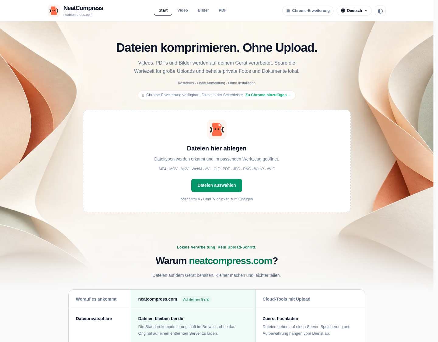 Aktuelle Website-Vorschau von NeatCompress - Kostenloser Video, Bild & PDF Kompressor