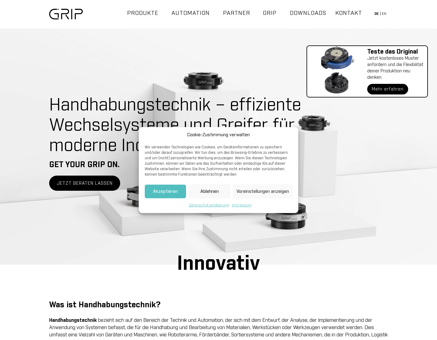 Aktuelle Website-Vorschau von GRIP GmbH Handhabungstechnik