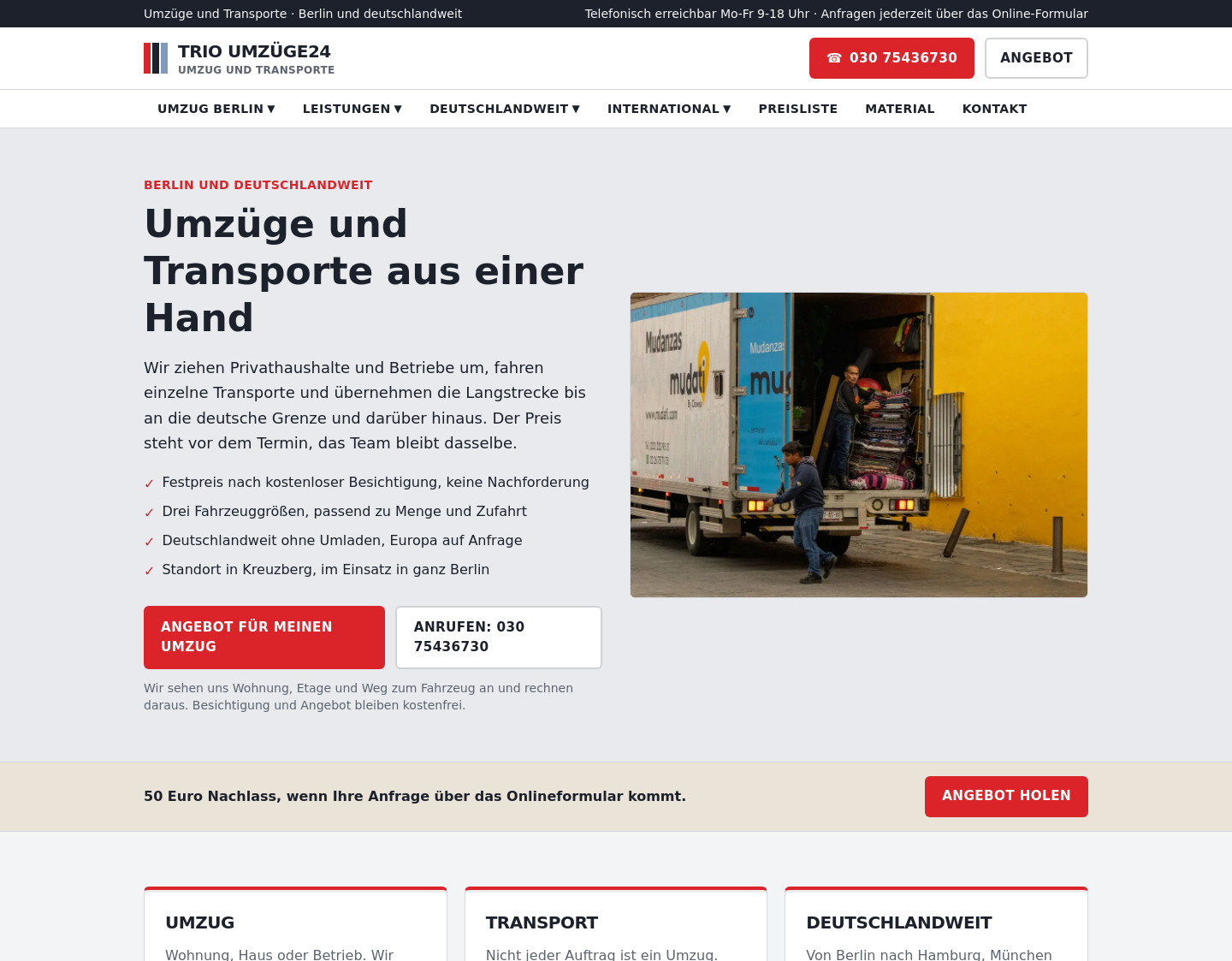 Aktuelle Website-Vorschau von Trio Umzüge24