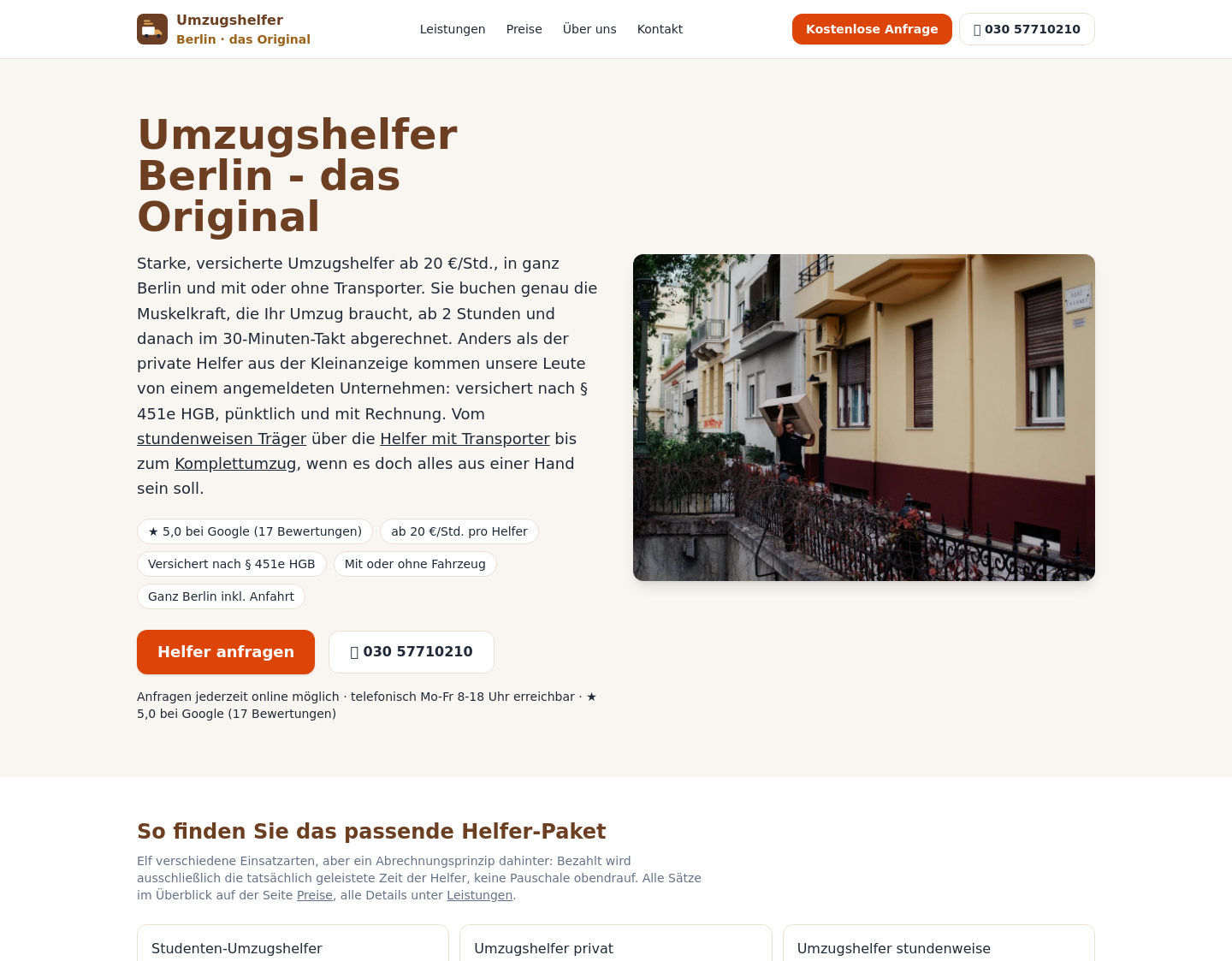Aktuelle Website-Vorschau von Umzugshelfer Berlin das Original