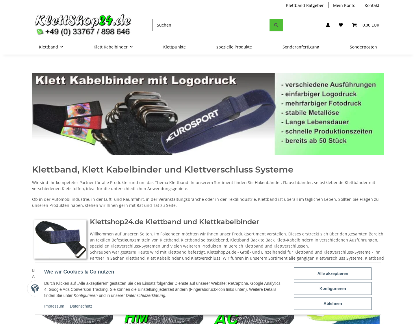 Aktuelle Website-Vorschau von Klettshop24 – Klettband und Klett Kabelbinder