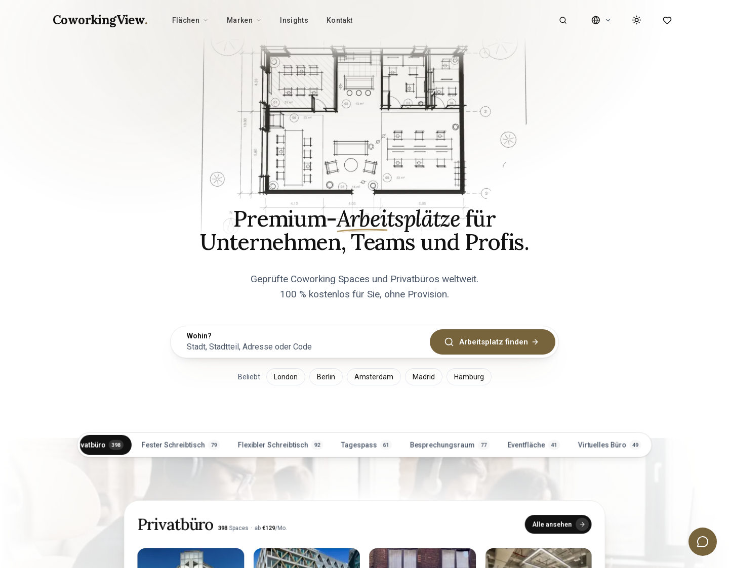 Aktuelle Website-Vorschau von CoworkingView – Büros, Coworking & Privatbüros vergleichen