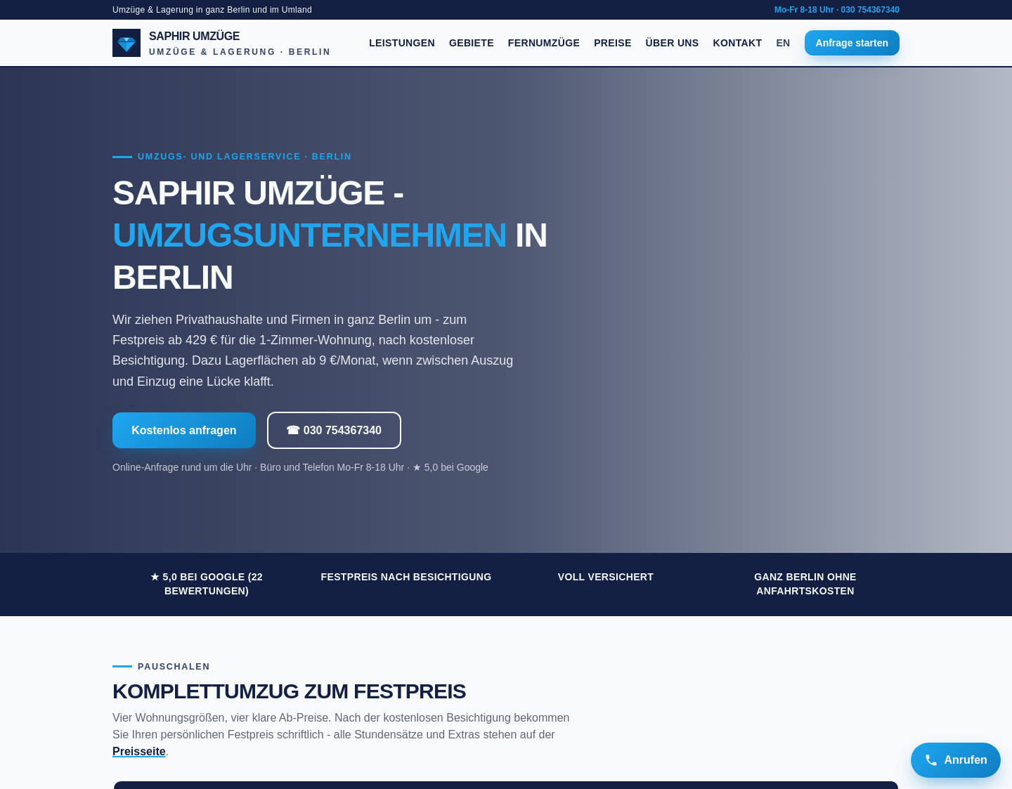 Aktuelle Website-Vorschau von Saphir Umzüge