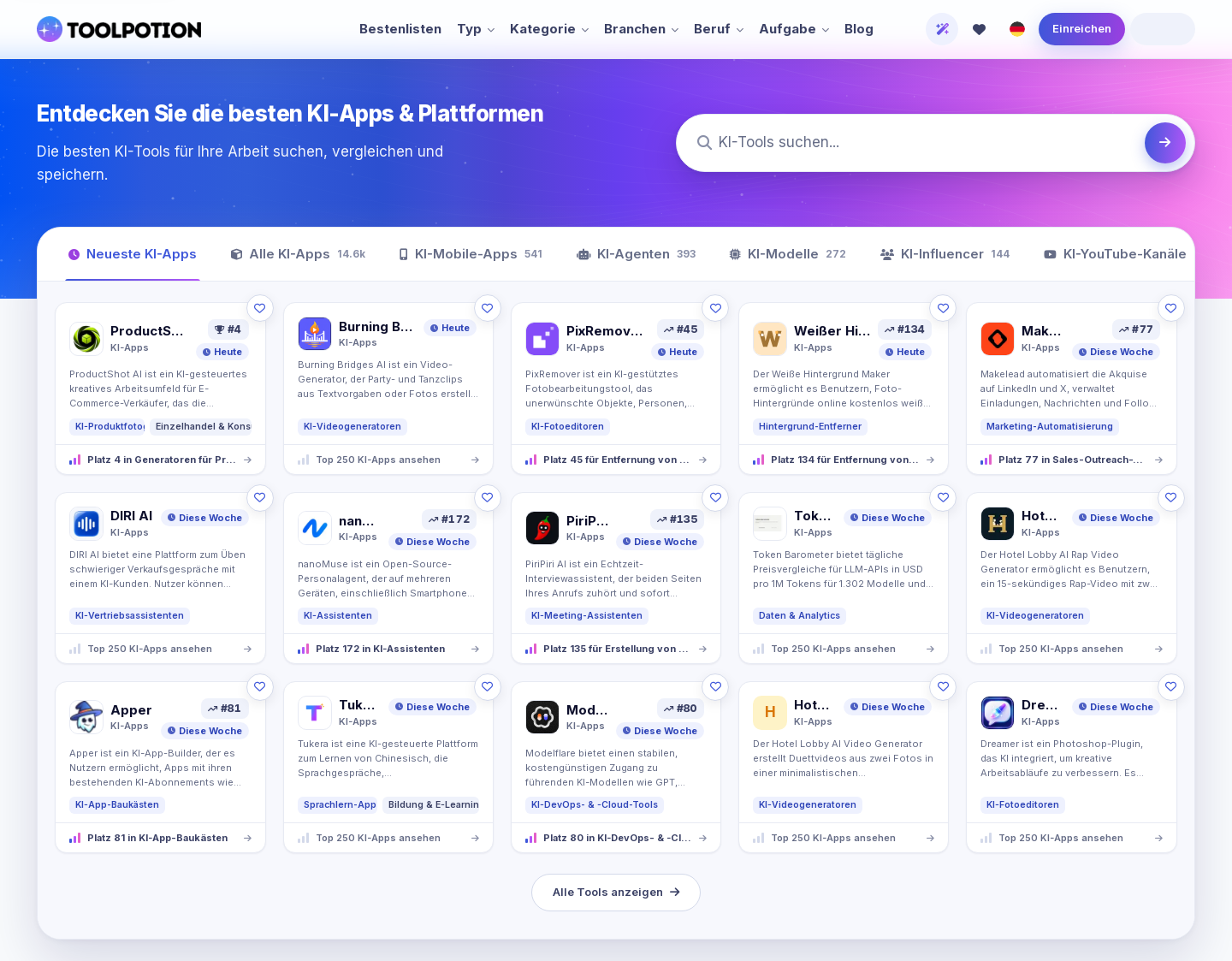 Aktuelle Website-Vorschau von ToolPotion - Verzeichnis für KI-Tools & KI-Berater