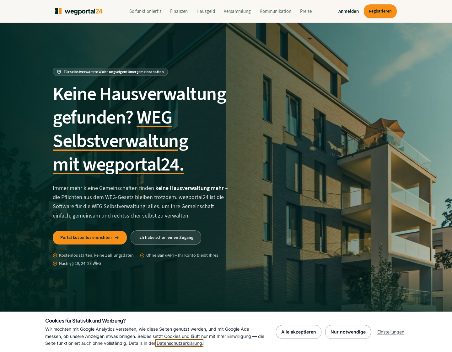 Aktuelle Website-Vorschau von wegportal24 – Software für die WEG-Selbstverwaltung